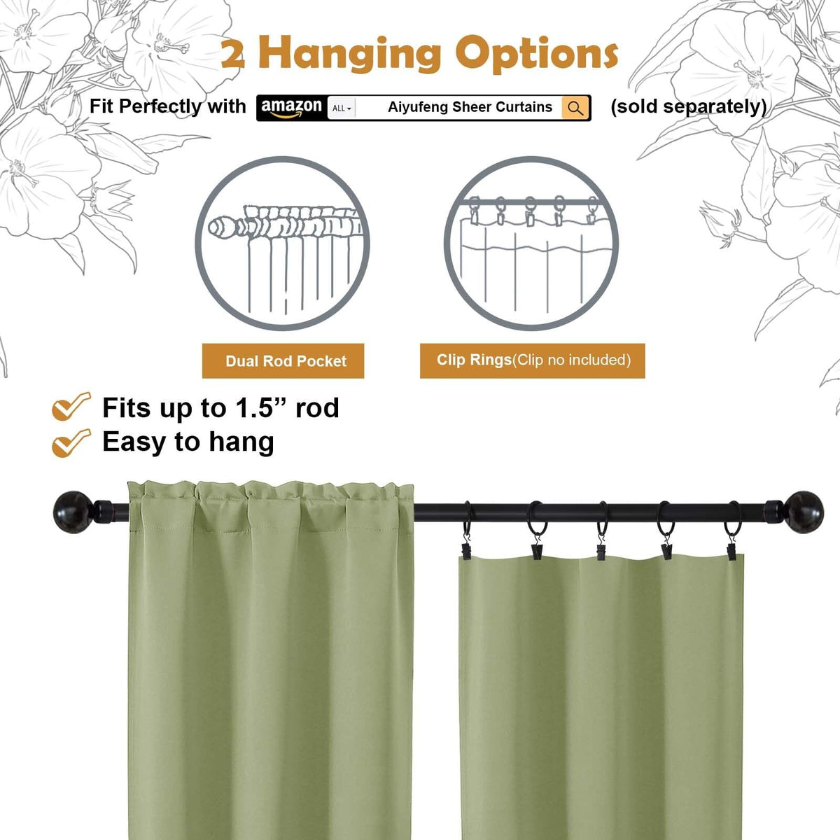Sage Green 72 Inch Blackout Curtains 2 Panels Set Y357287