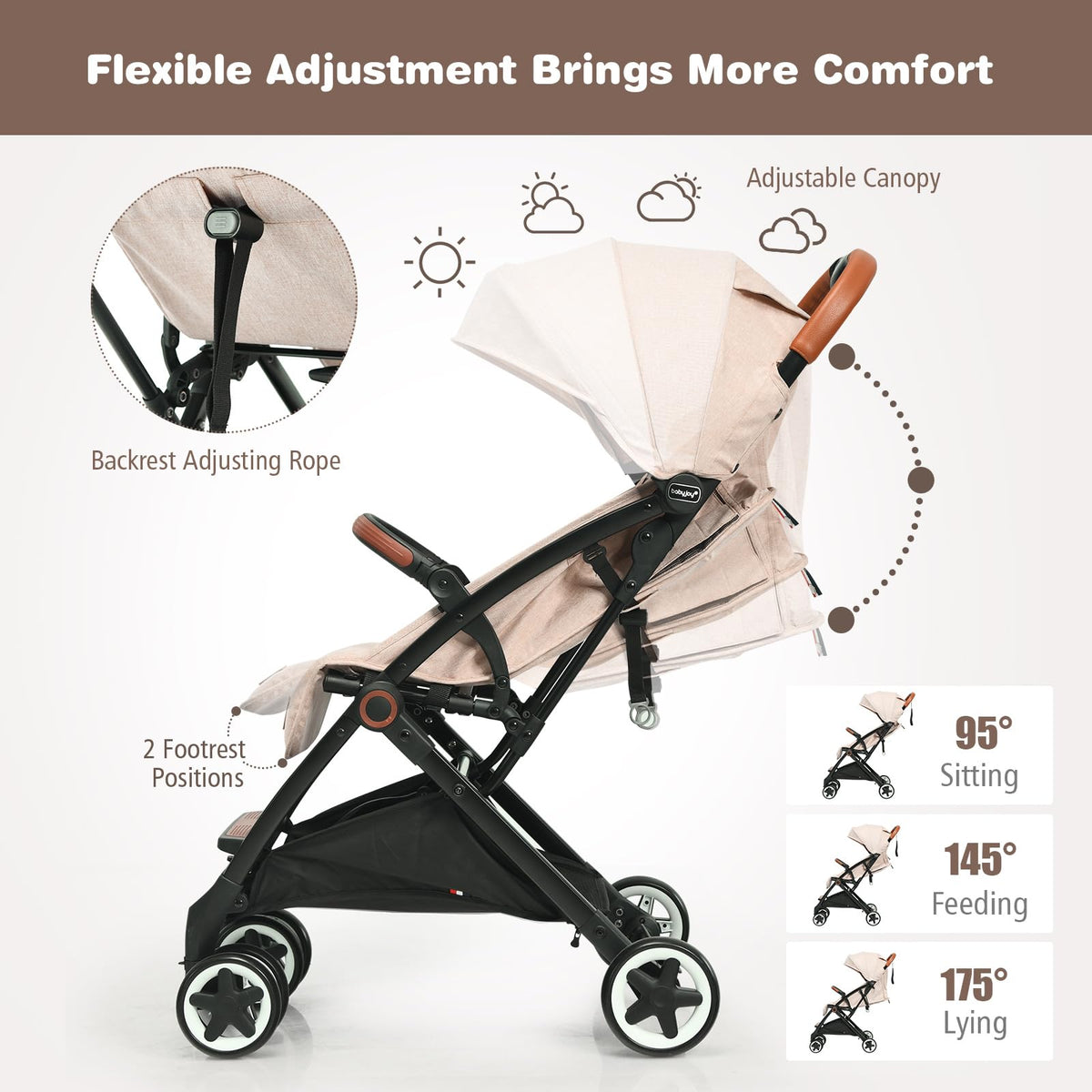 Lightweight Compact Baby Stroller with 5-Point Harness and Storage Basket, Beige H6740