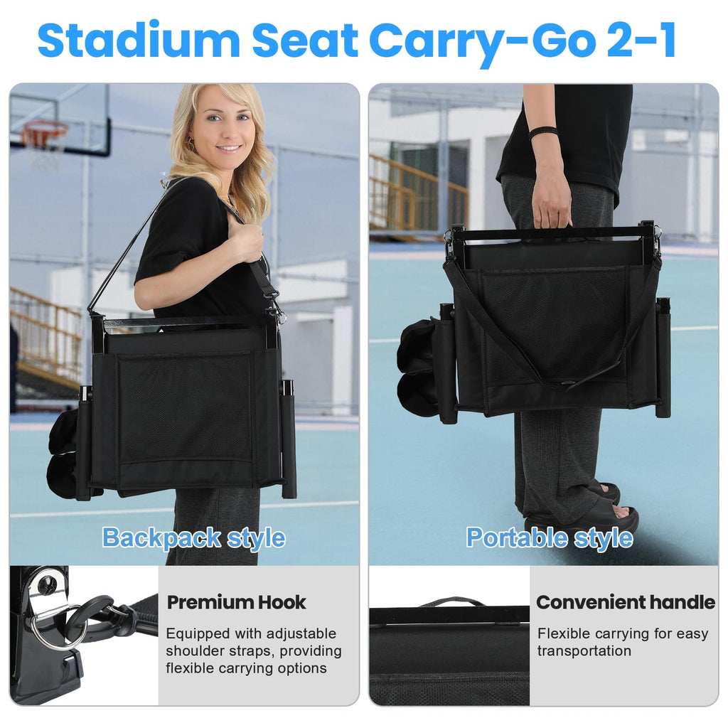 2 Pcs Black Folding Stadium Seats with Back Support and Cup Holder R90911