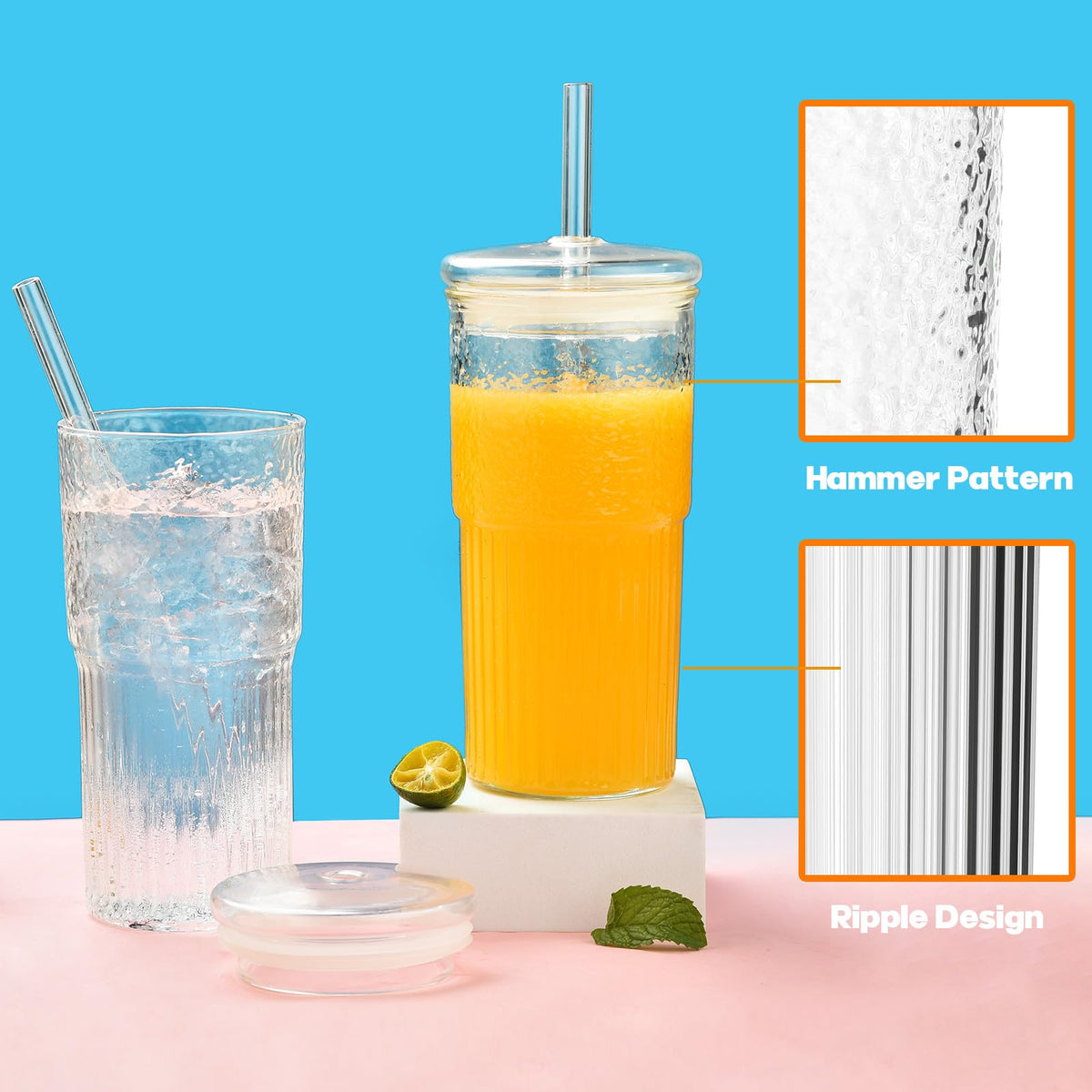 22 oz High Borosilicate Clear Glass Cups with Lids and Straws, Pack of 2 Z8276