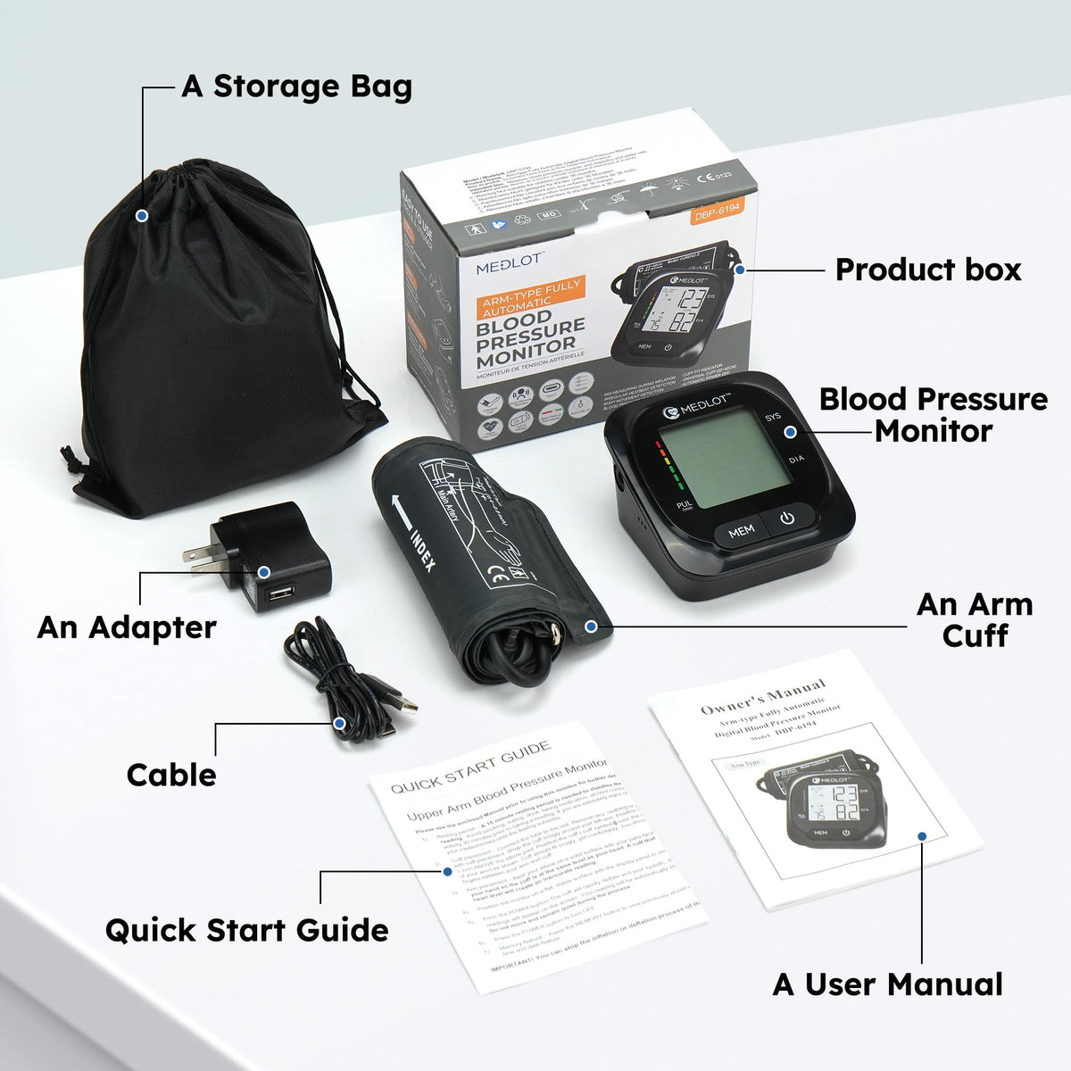 Automatic Upper Arm Blood Pressure Monitor with Adapter and Storage Bag X274