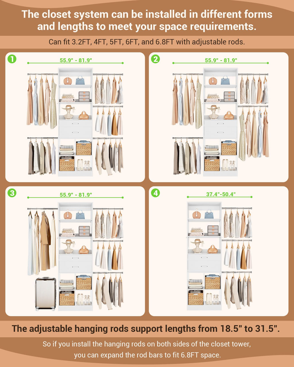 Small Closet System with 2 Wooden Drawers & 5 Hanging Rods, White G635251