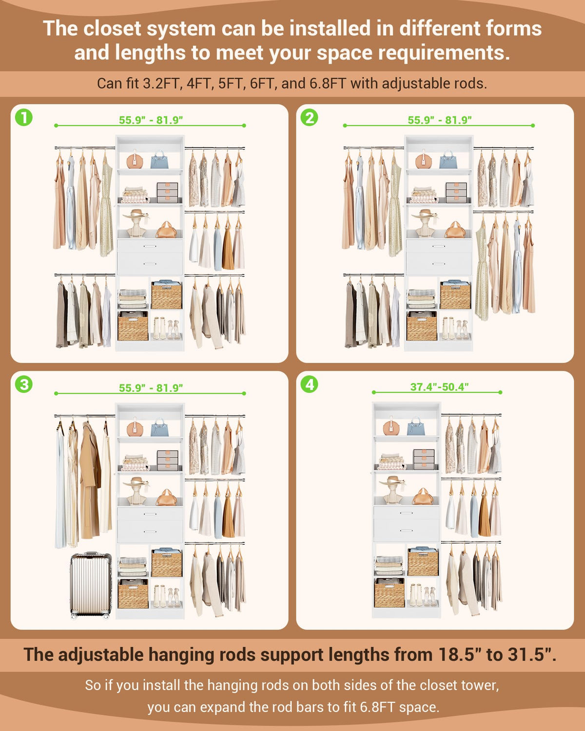 Small Closet System with 2 Wooden Drawers & 5 Hanging Rods, White G635251
