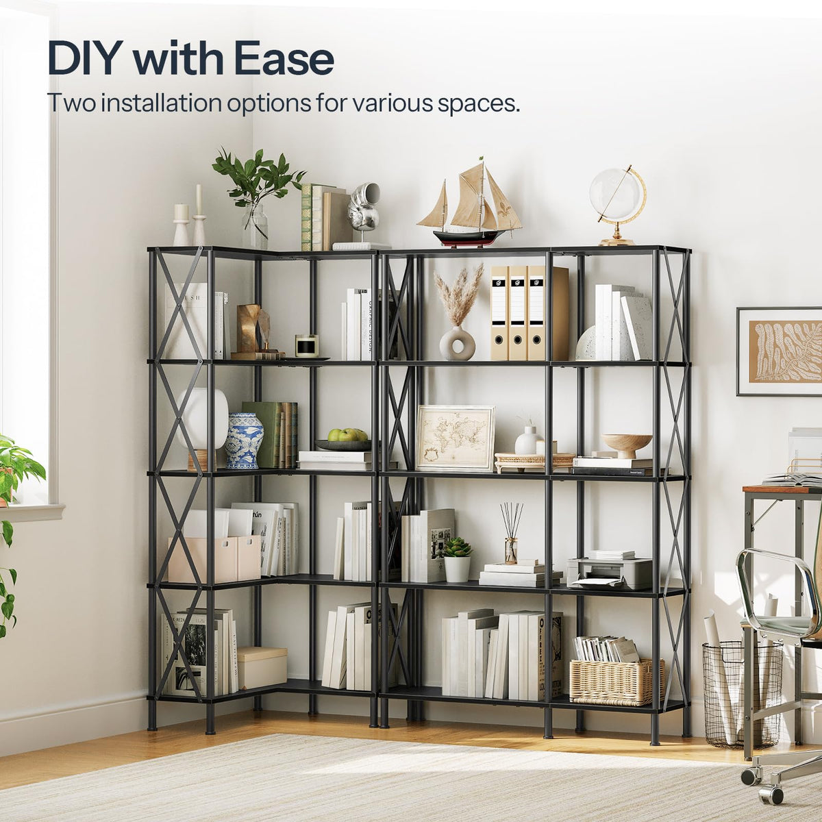 Black 5-Tier L-Shaped Corner Bookshelf X8914