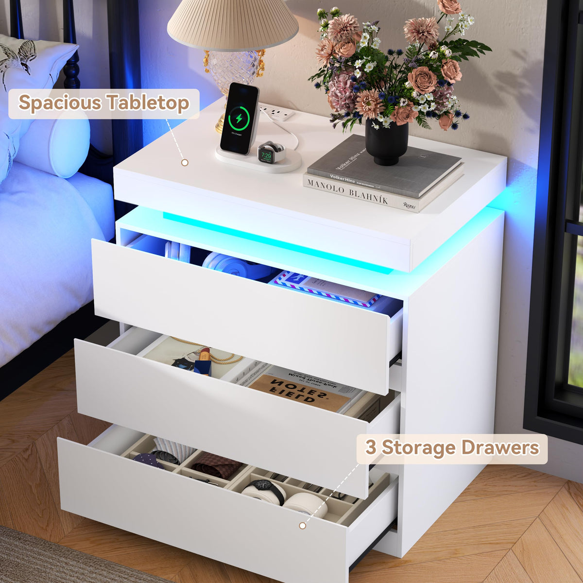 White Nightstand with Charging Station and LED Lights H4150