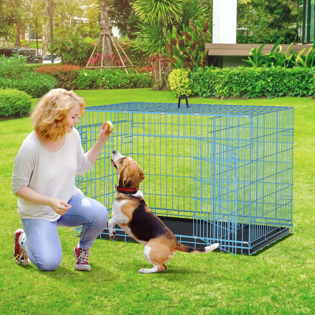 48 Inch Extra Large Double Door Folding Metal Dog Crate with Divider Panel Y1472