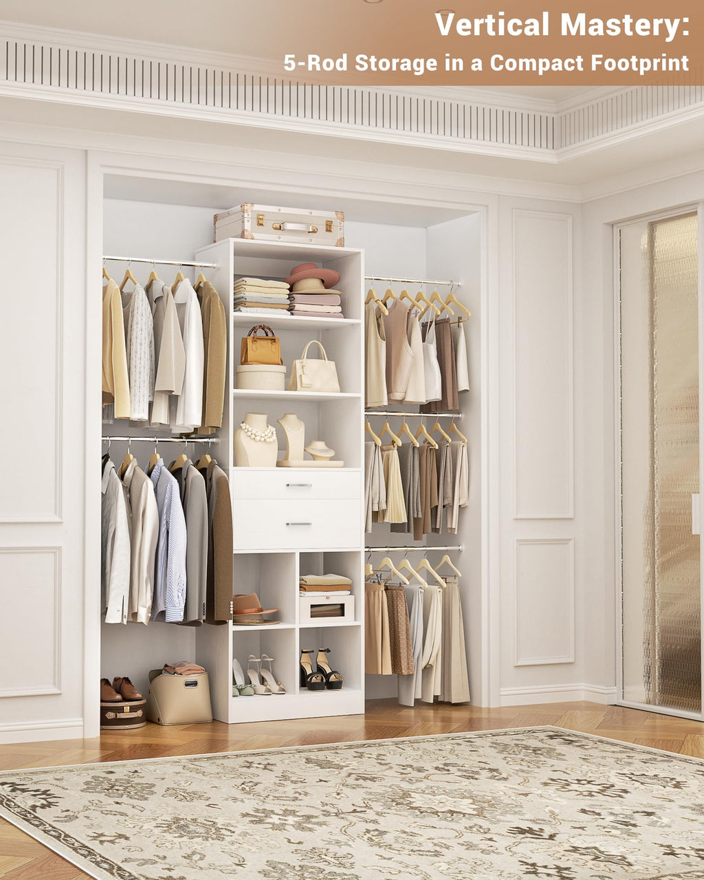 Small Closet System with 2 Wooden Drawers & 5 Hanging Rods, White G635251