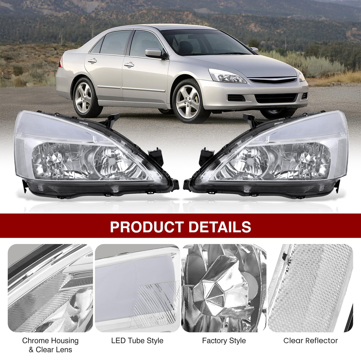 Chrome Housing Clear Lens LED Head Lights Turn Signal Lamps Assembly Pair U808