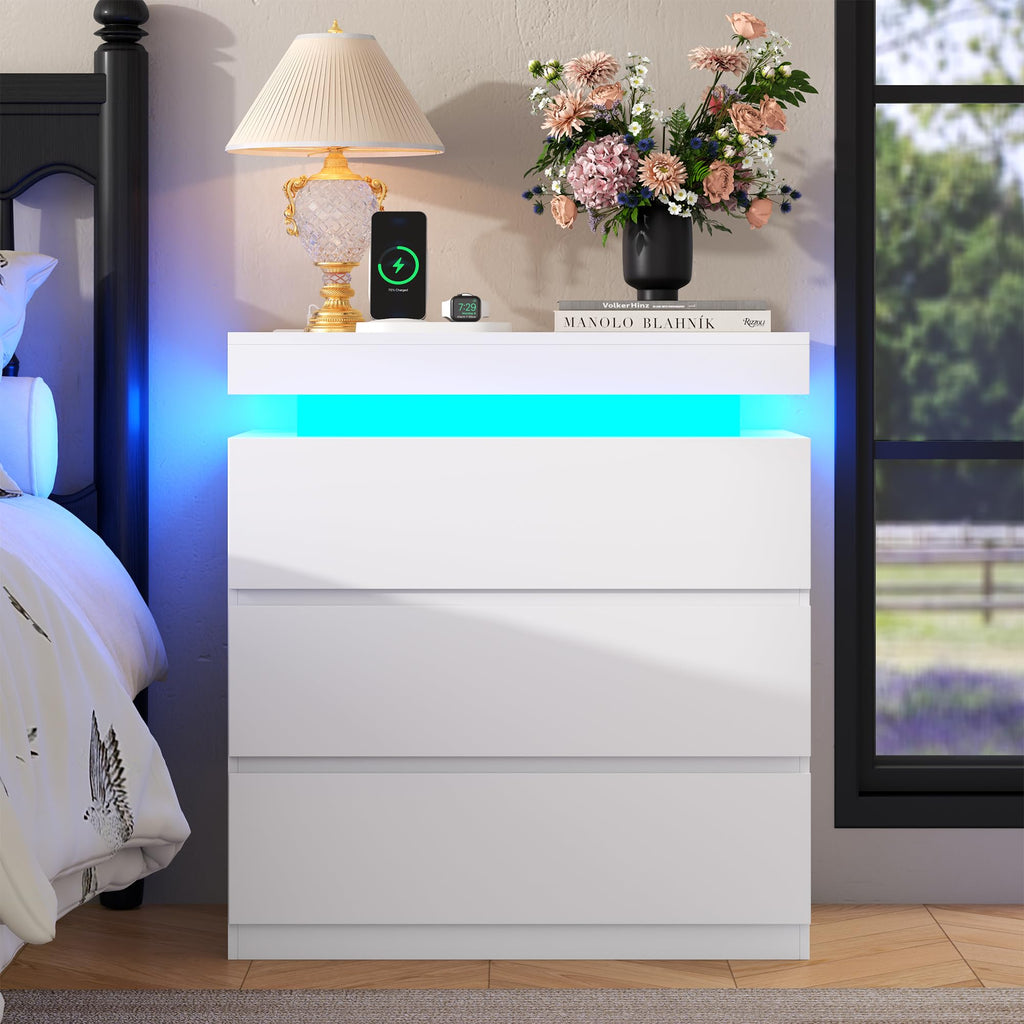 White Nightstand with Charging Station and LED Lights H4150