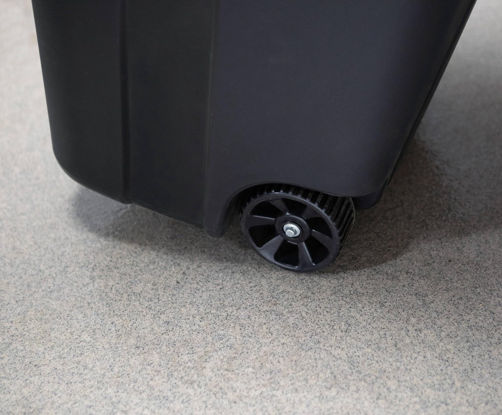 32 Gallon Black Plastic Garbage Can with Attached Lid F16435