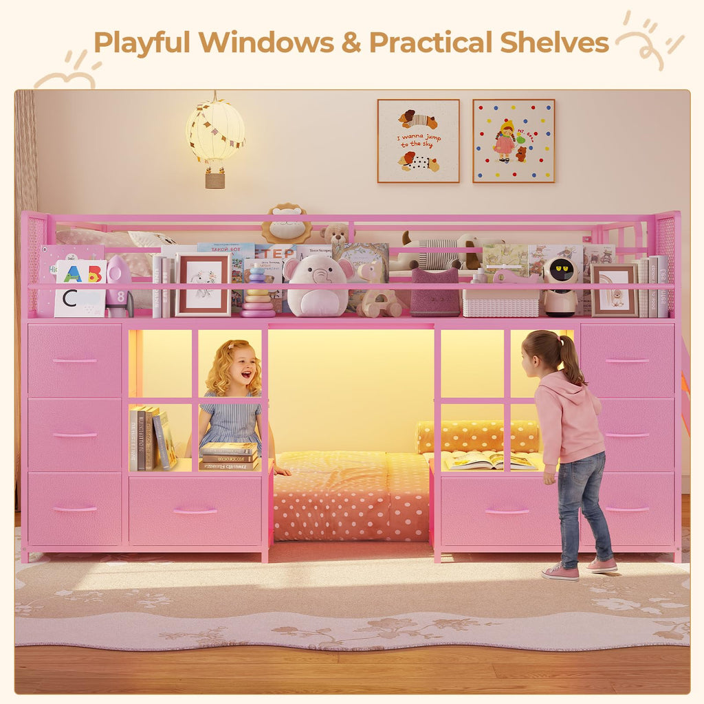 Twin Over Twin Bunk Bed with 8 Drawers & Bookshelf X169