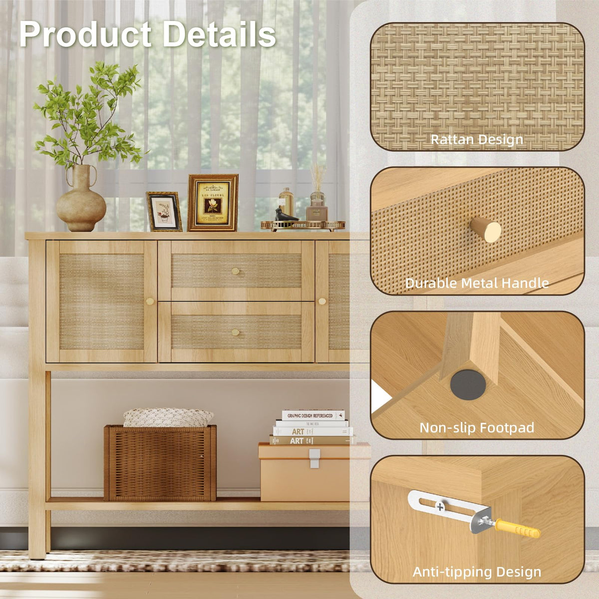Rattan Console Table with 2 Doors & 2 Drawers L42867