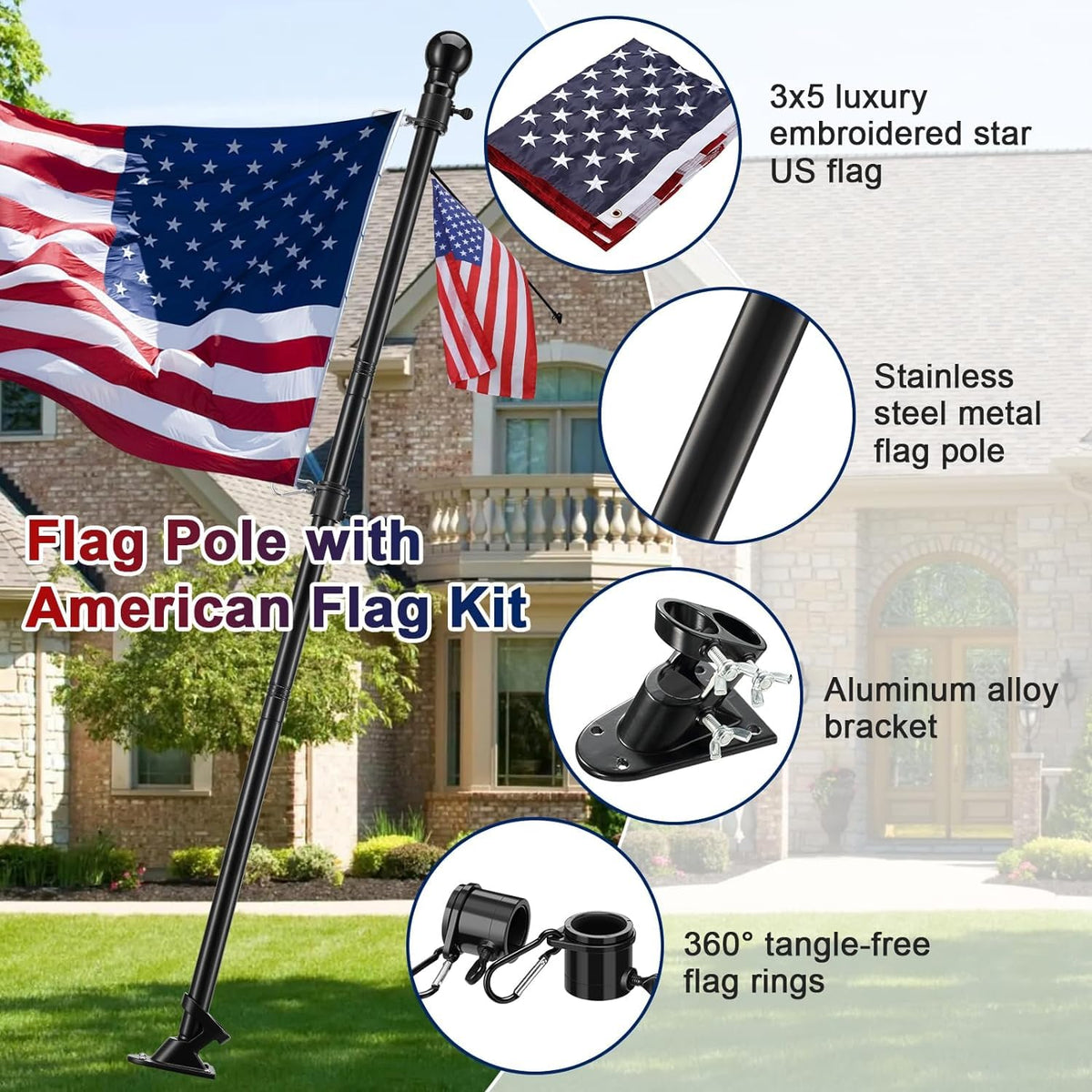 5ft Tangle Free Flag Pole Kit with 3x5 US Flag L18021