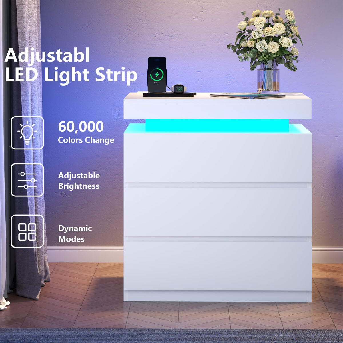 White Nightstand with Charging Station and LED Lights H4150