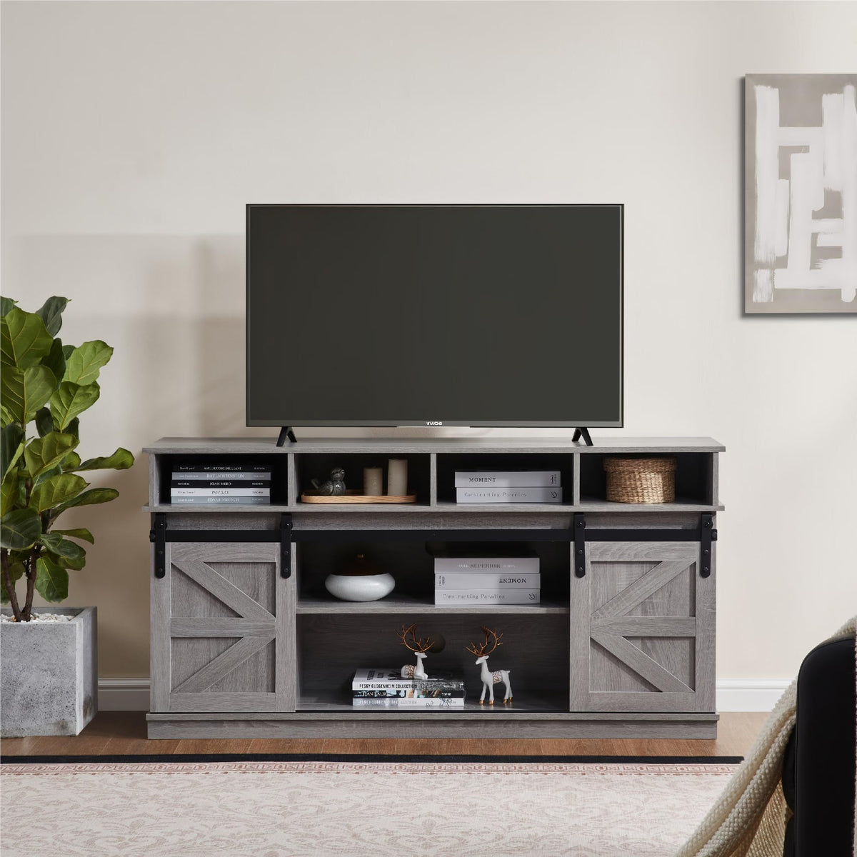 Grey Wood TV Stand with Sliding Barn Door K700