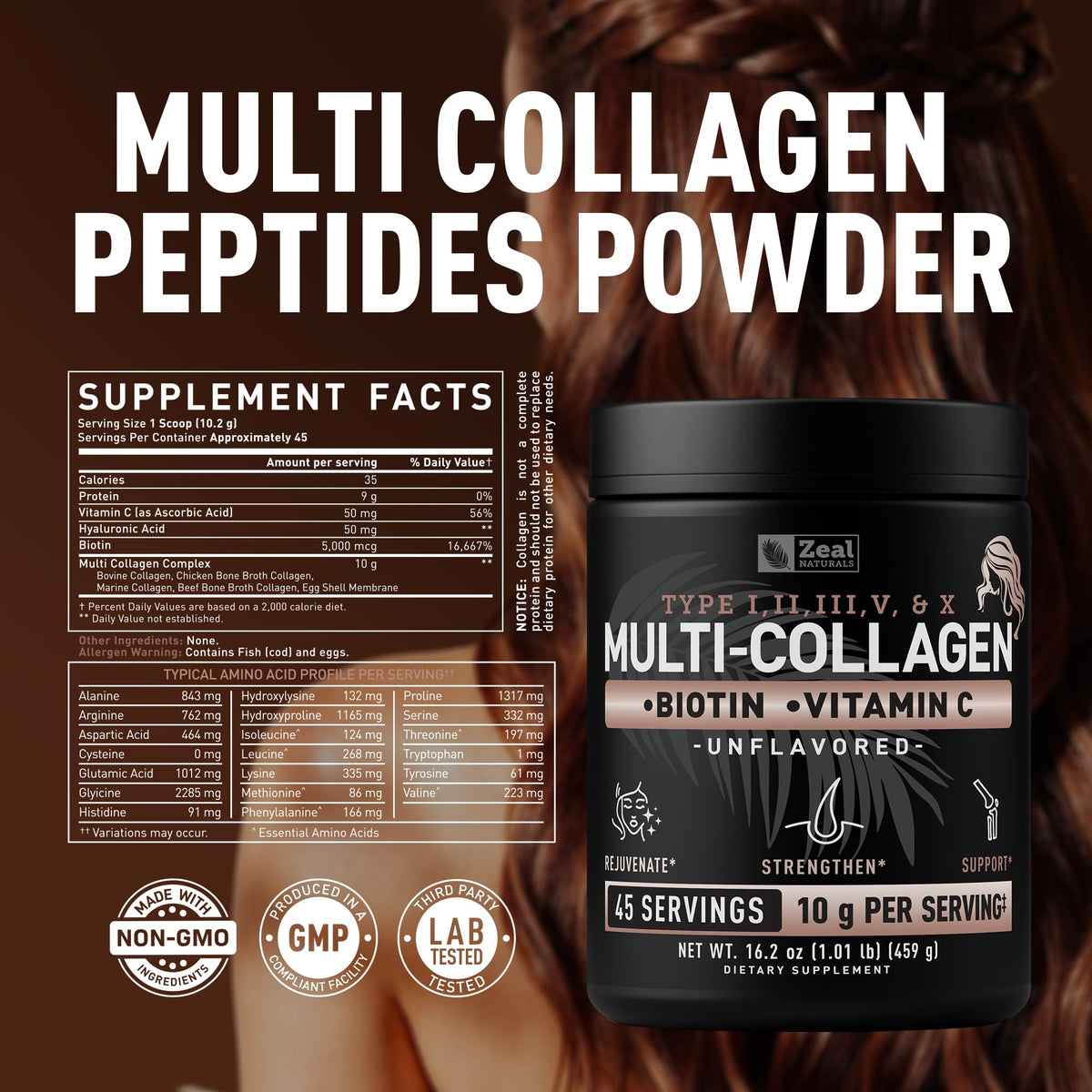 Multi Collagen Protein Peptides Powder Types I II III V X Unflavored 45 Servings S43580