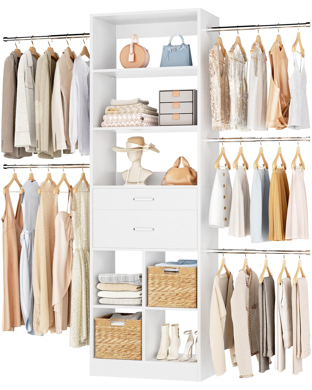 Small Closet System with 2 Wooden Drawers & 5 Hanging Rods, White G635251