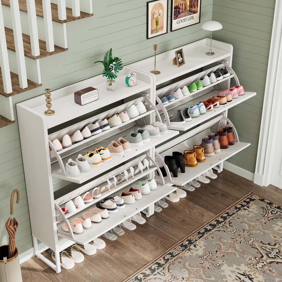 White 2 Flip Drawers Shoe Storage Cabinet V77114