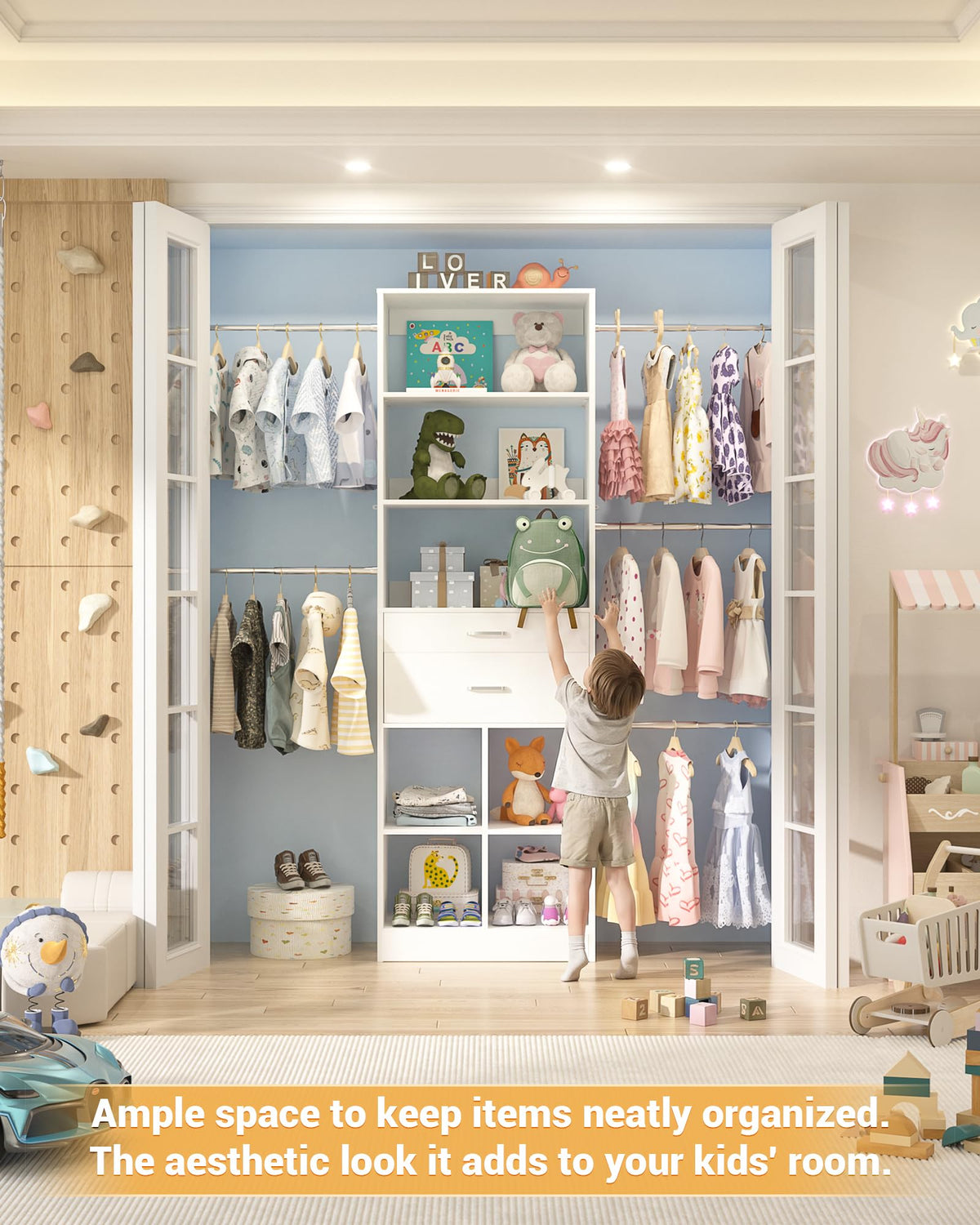Small Closet System with 2 Wooden Drawers & 5 Hanging Rods, White G635251