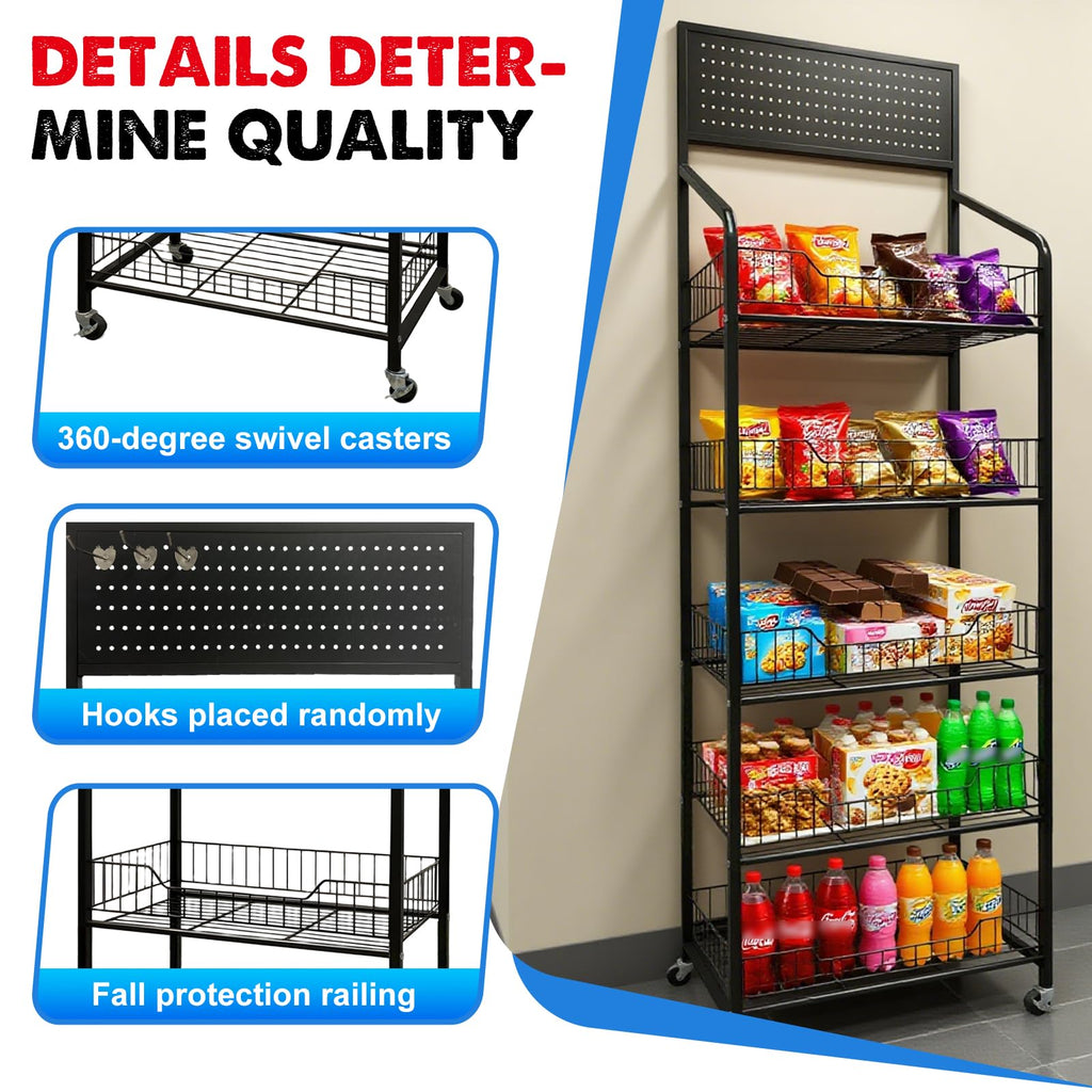 5 Tier Metal Candy Display Rack with Wheels & 15 Hooks N718