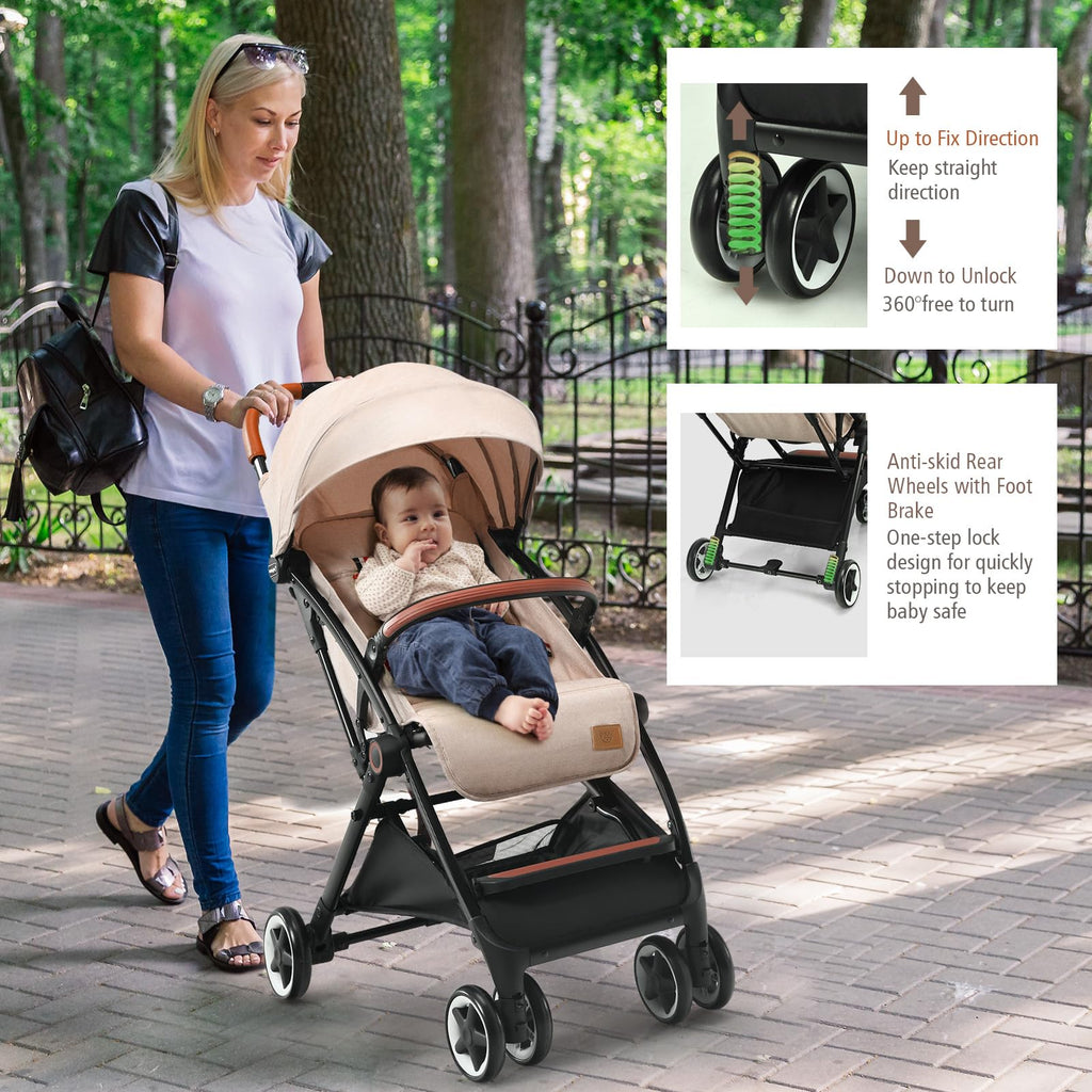 Lightweight Compact Baby Stroller with 5-Point Harness and Storage Basket, Beige H6740