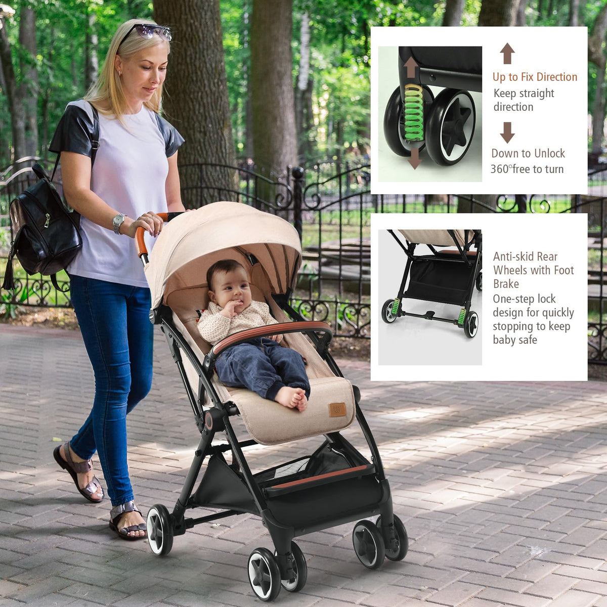 Lightweight Compact Baby Stroller with 5-Point Harness and Storage Basket, Beige H6740