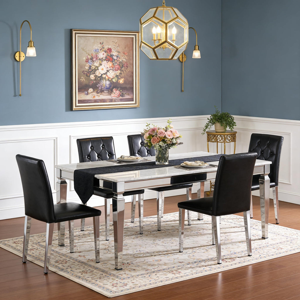Black Upholstered Dining Chairs Set of 4 with Silver Metal Legs P717