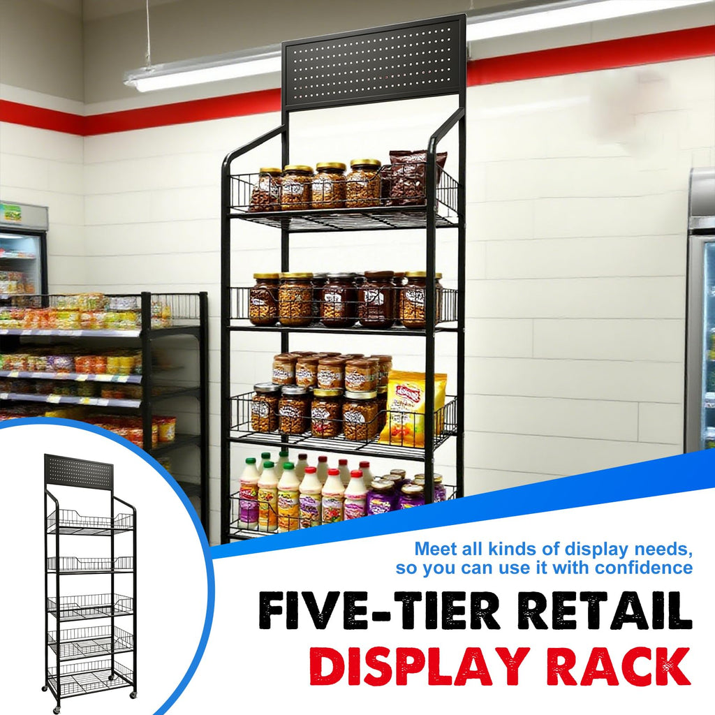5 Tier Metal Candy Display Rack with Wheels & 15 Hooks N718
