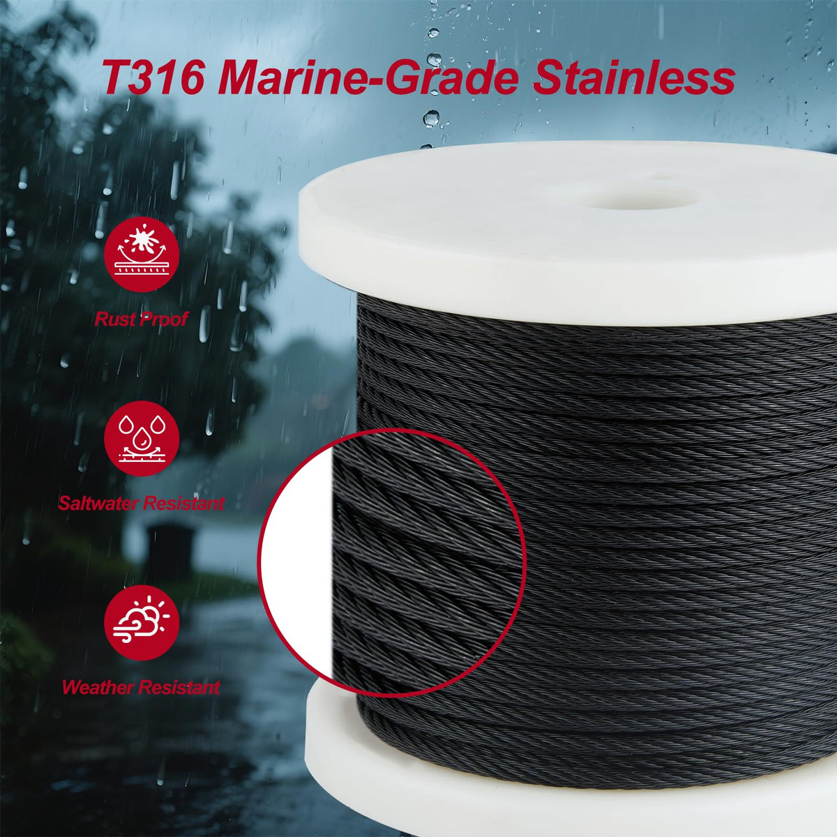 Black 1/8in T316 Stainless Steel Wire Rope E6175