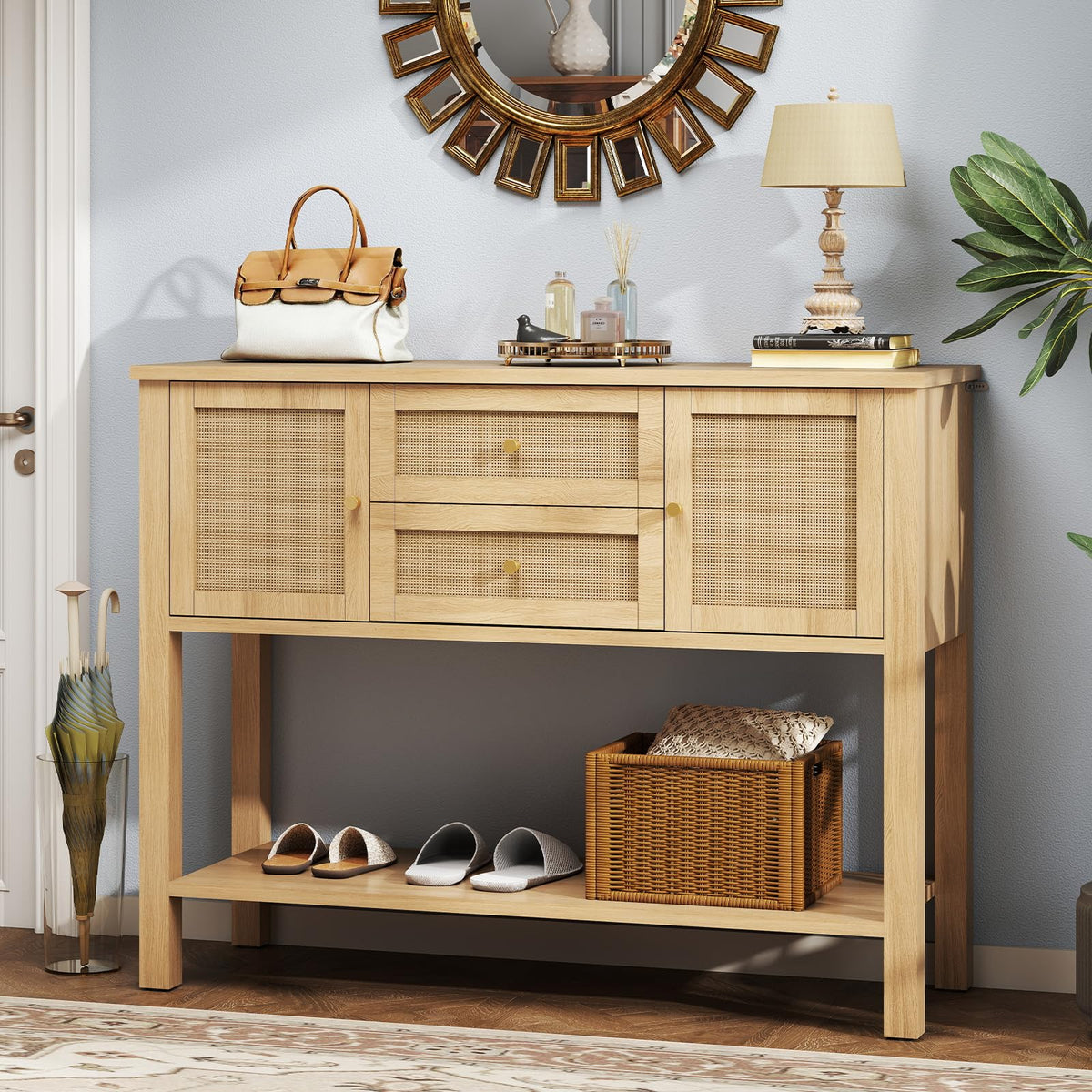 Rattan Console Table with 2 Doors & 2 Drawers L42867
