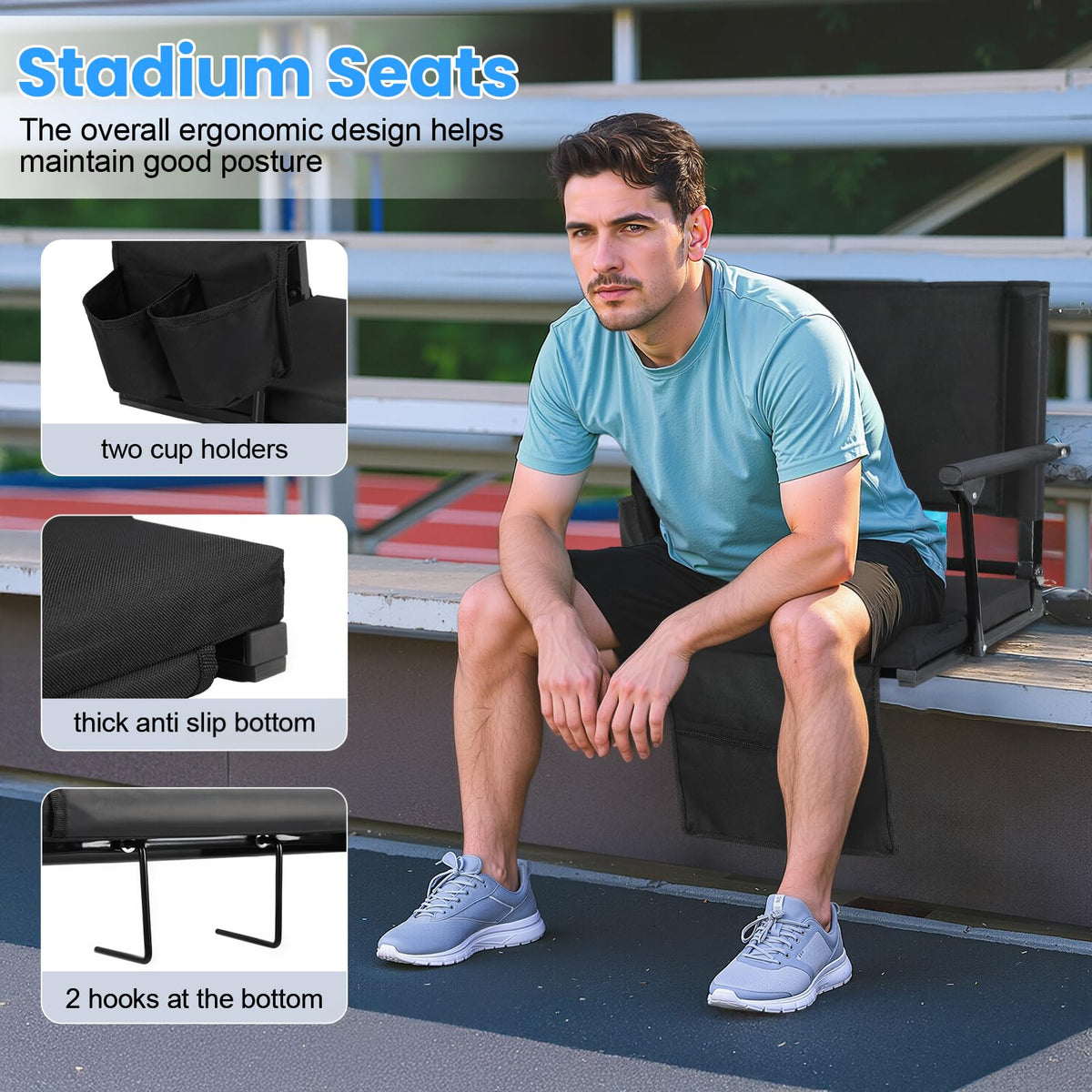 2 Pcs Black Folding Stadium Seats with Back Support and Cup Holder R90911
