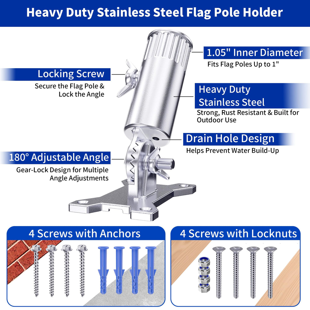 Flag Pole Holder, 316 Stainless Steel, 180° Adjustable M516200