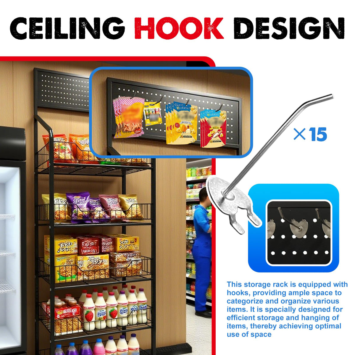 5 Tier Metal Candy Display Rack with Wheels & 15 Hooks N718