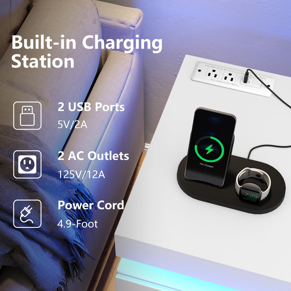 White Nightstand with Charging Station and LED Lights H4150