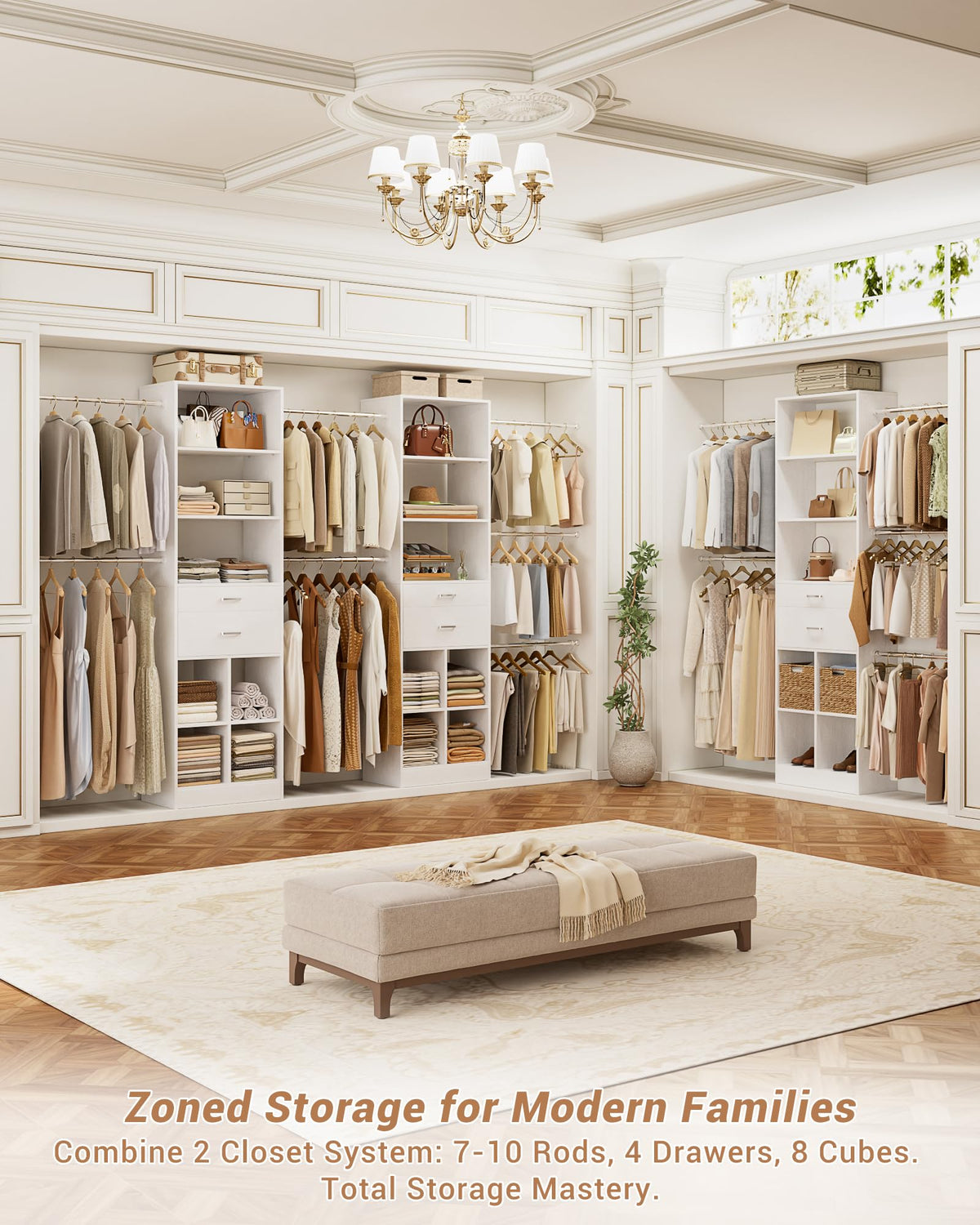 Small Closet System with 2 Wooden Drawers & 5 Hanging Rods, White G635251