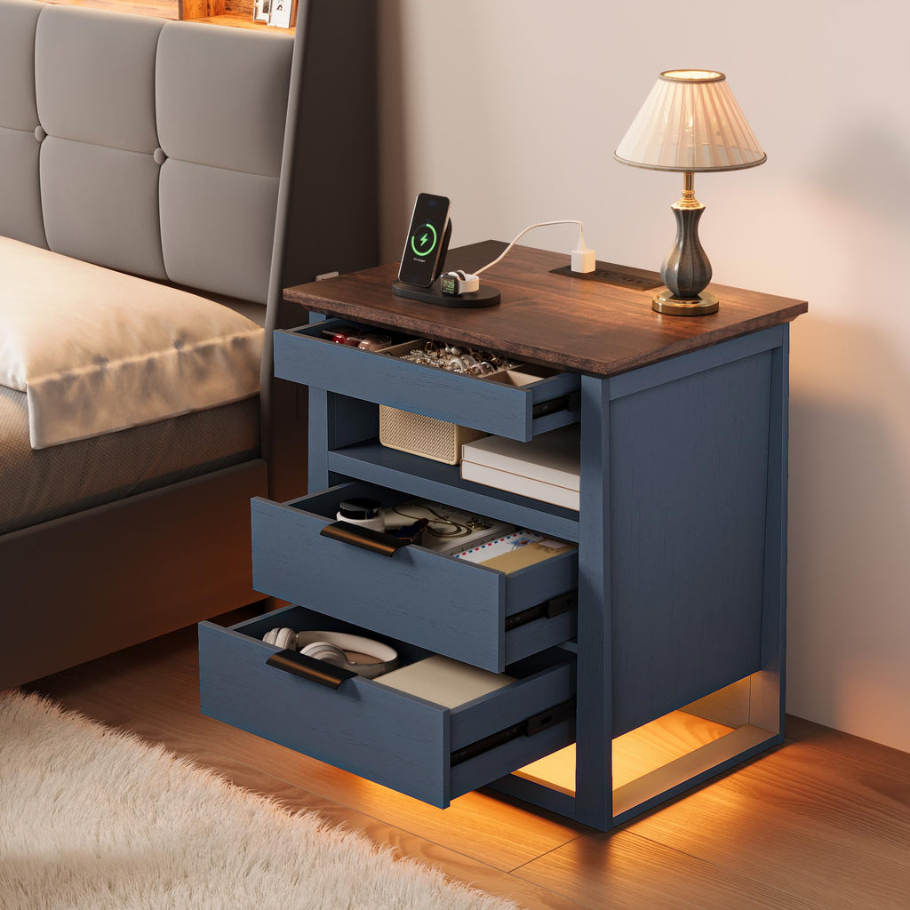 3 Drawer Nightstand with Charging Station and LED Lights Y28309