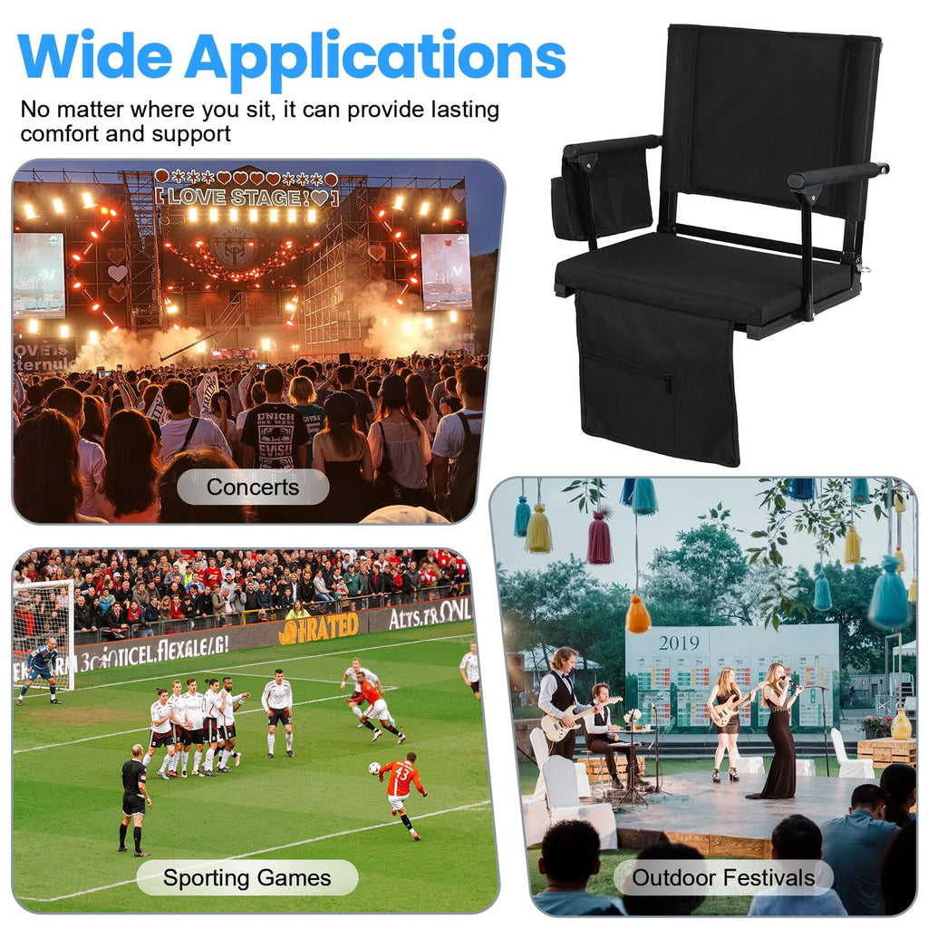 2 Pcs Black Folding Stadium Seats with Back Support and Cup Holder R90911