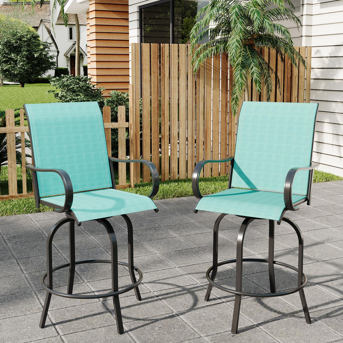 2 Piece Teal Outdoor Swivel Bar Stools with High Back & Armrest F624425