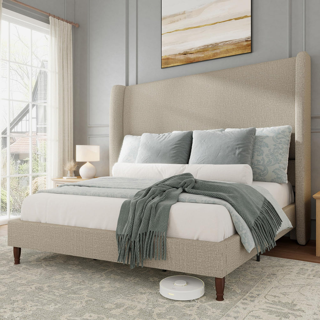 Queen Size Upholstered Wingback Headboard Bed Frame F68957