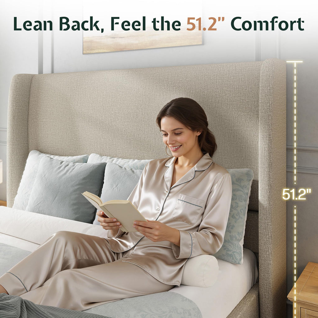 Queen Size Upholstered Wingback Headboard Bed Frame F68957