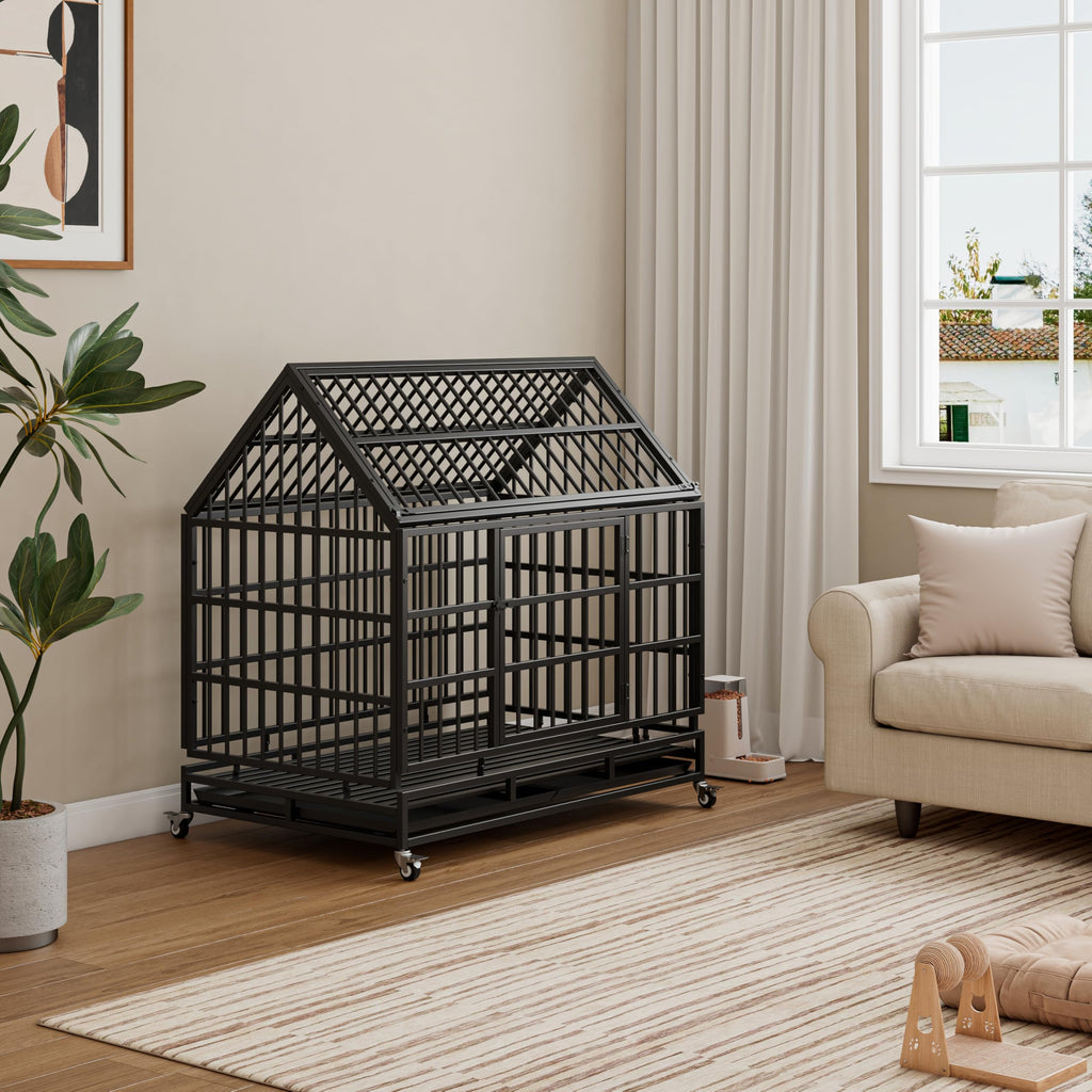 48 Inch Heavy Duty Collapsible Metal Dog Crate with Wheels H868