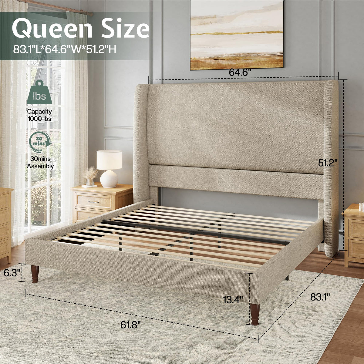 Queen Size Upholstered Wingback Headboard Bed Frame F68957