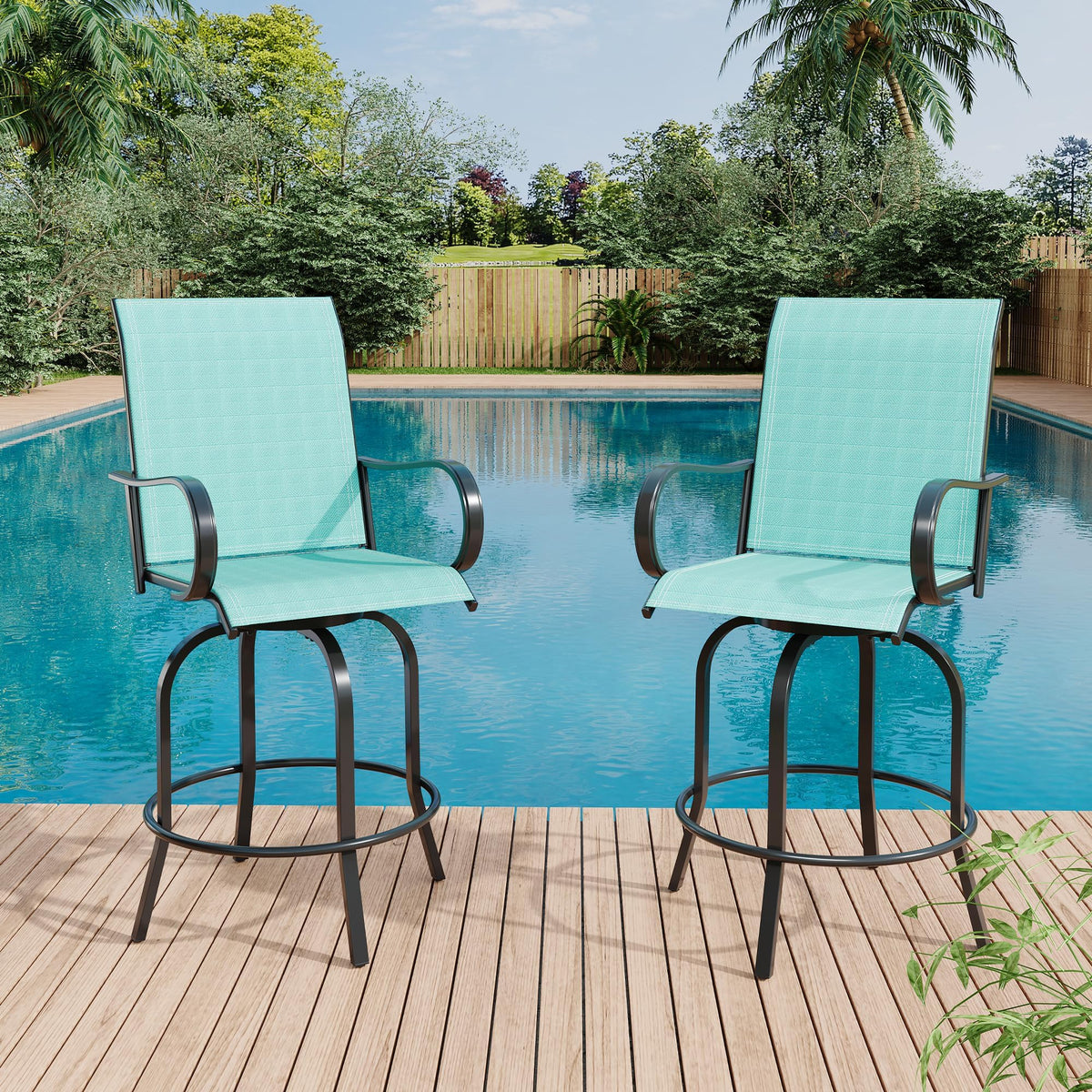 2 Piece Teal Outdoor Swivel Bar Stools with High Back & Armrest F624425