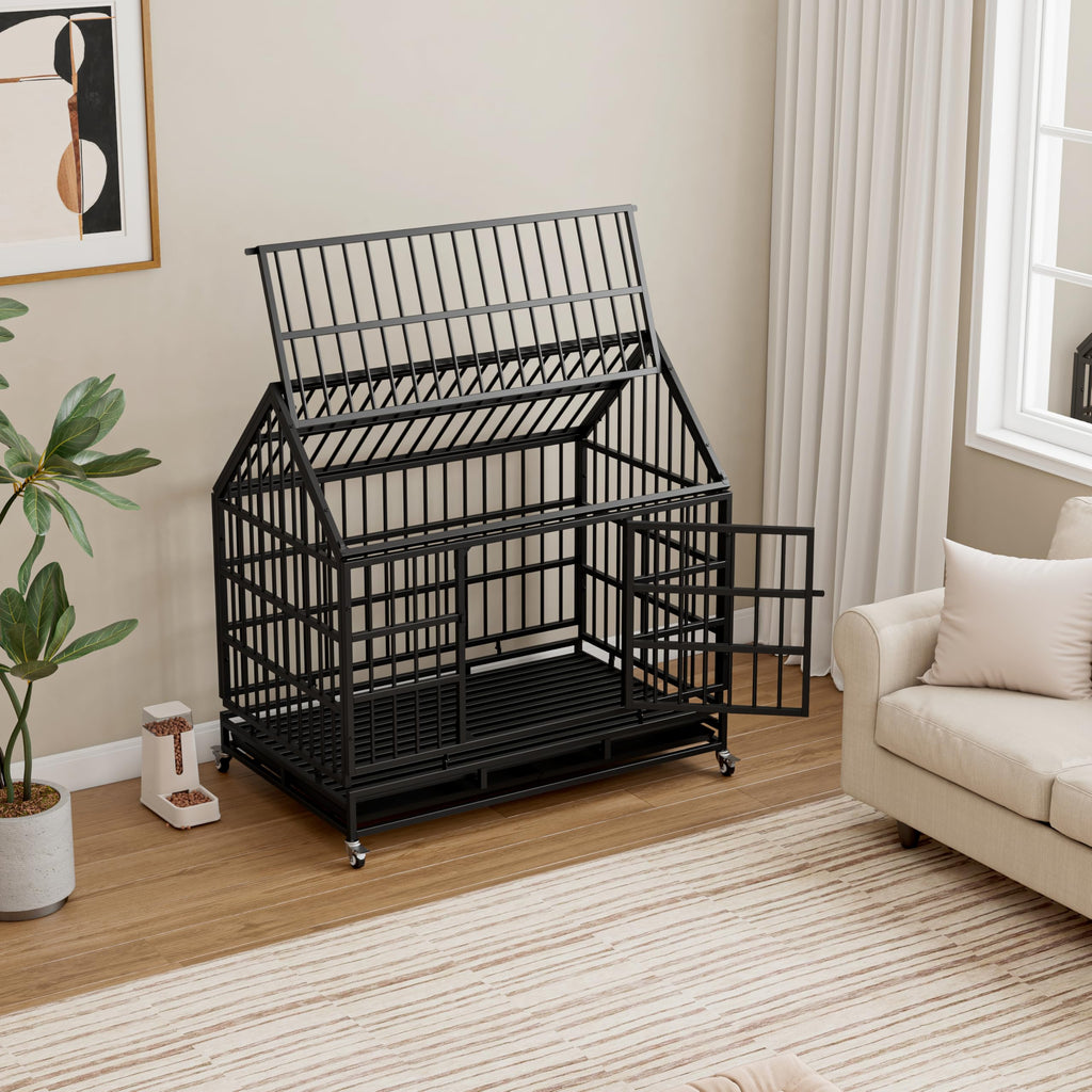48 Inch Heavy Duty Collapsible Metal Dog Crate with Wheels H868