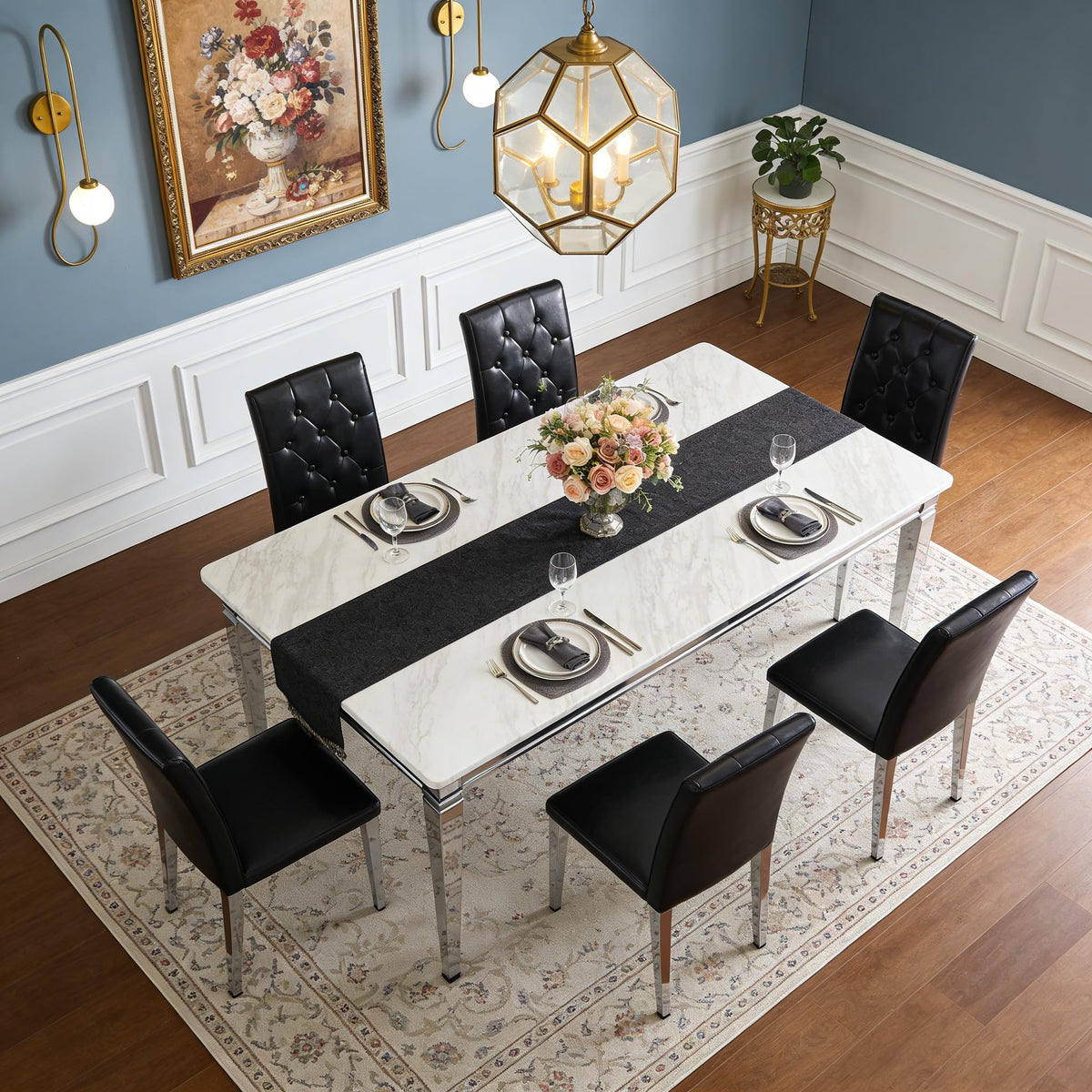 Black Upholstered Dining Chairs Set of 4 with Silver Metal Legs P717