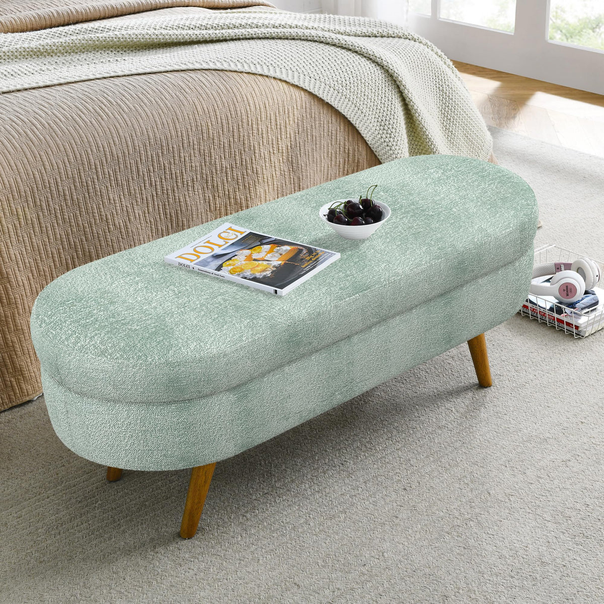 Oval Storage Bench with Rubber Wood Legs Gray G362