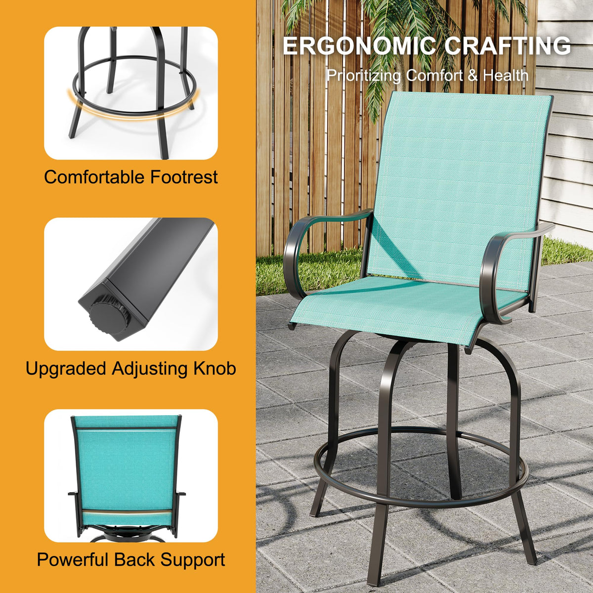 2 Piece Teal Outdoor Swivel Bar Stools with High Back & Armrest F624425