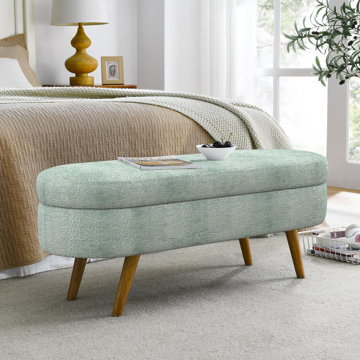Oval Storage Bench with Rubber Wood Legs Gray G362