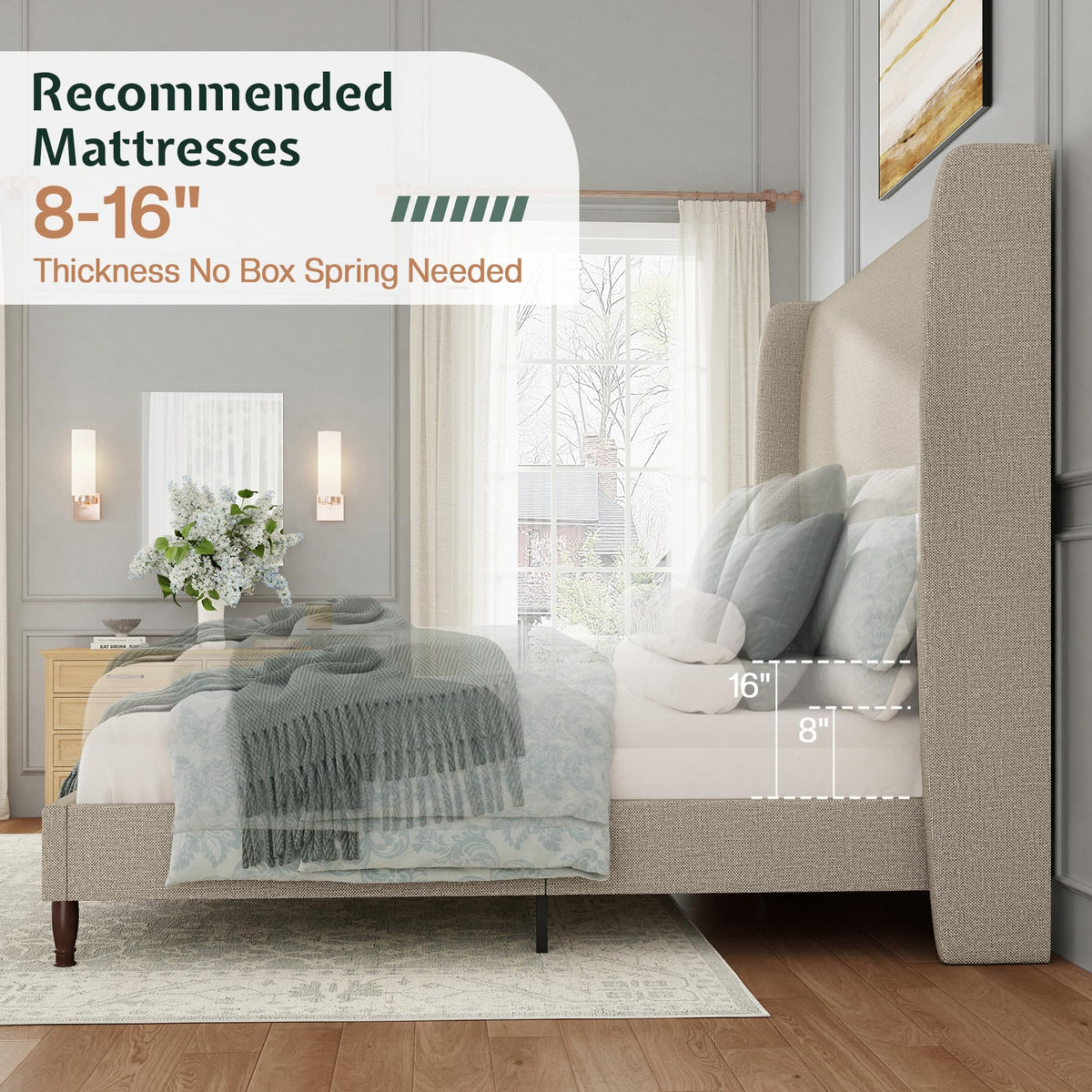 Queen Size Upholstered Wingback Headboard Bed Frame F68957